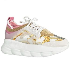 Versace Gold Hibiscus Baroque Print Pink Chain Reaction Sneakers Trainers 38